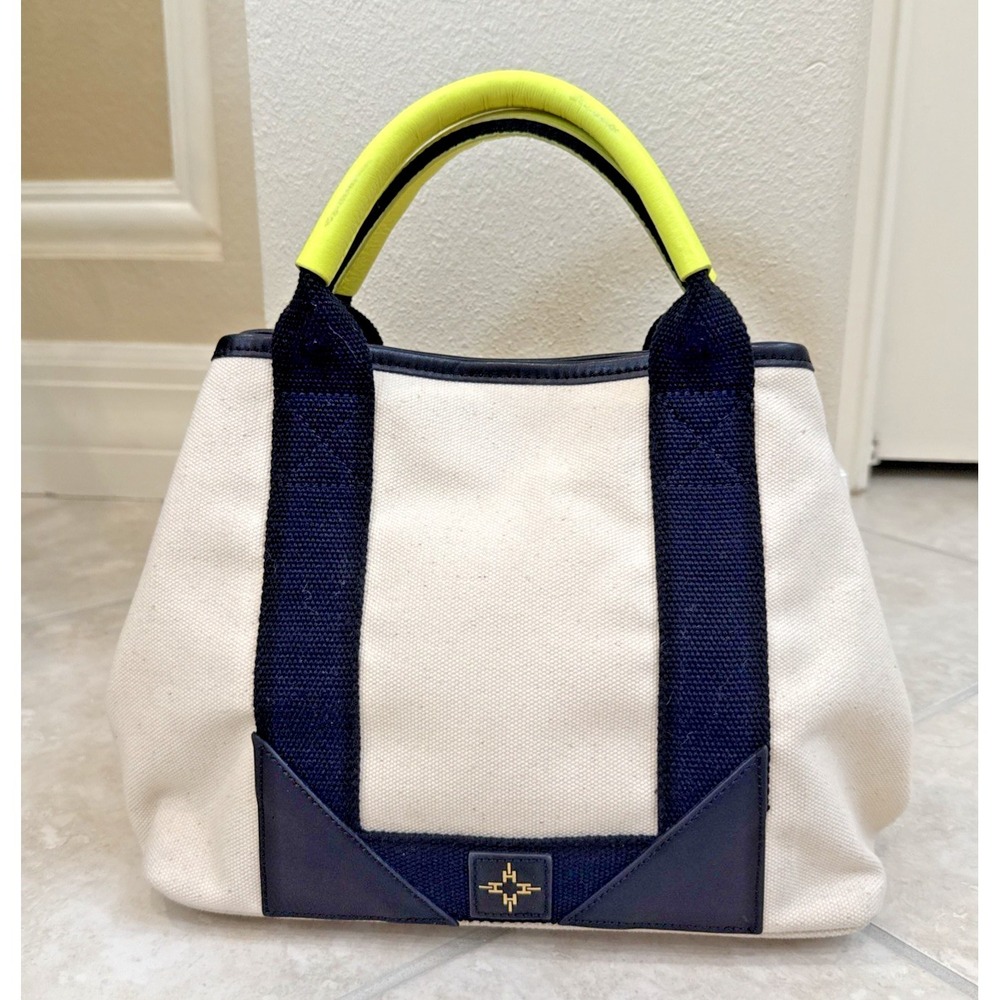 India Hicks Small Mini Biscayne Beige Black Canvas Tote Neon Yellow Handle